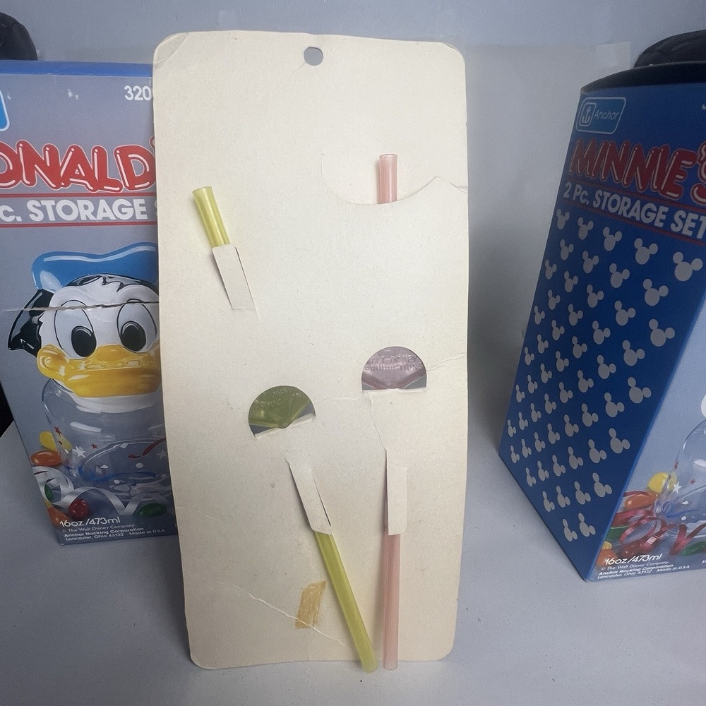Vintage Disney Donald & Minnie Glass Anchor Hocking Adorable Storable Jar/Straws - Picture 6 of 13